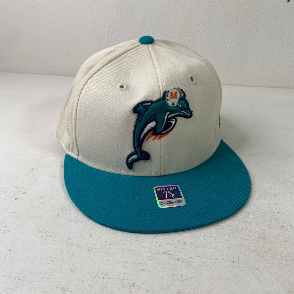 Reebok Miami Dolphins NFL On Field Fitted Hat 7 5/8 Cream Teal Vintage Cap